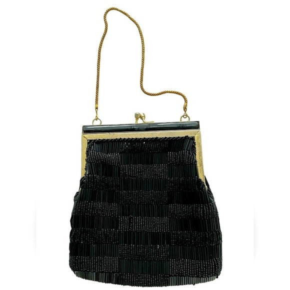 Vintage Beaded Black Purse Metal Mother Pearl Frame Gold Snake Chain Flapper - Picture 4 of 4